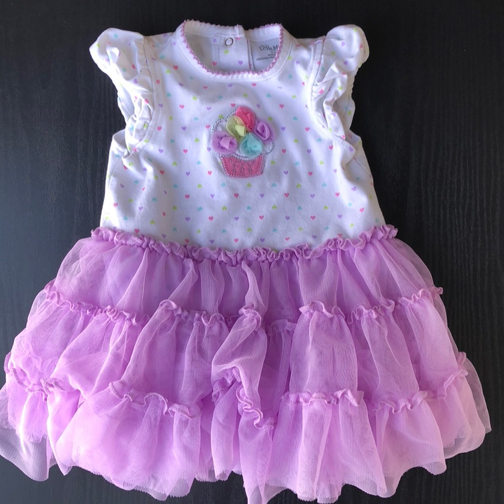 Little me cupcake dress with purple tulle 9 mos.